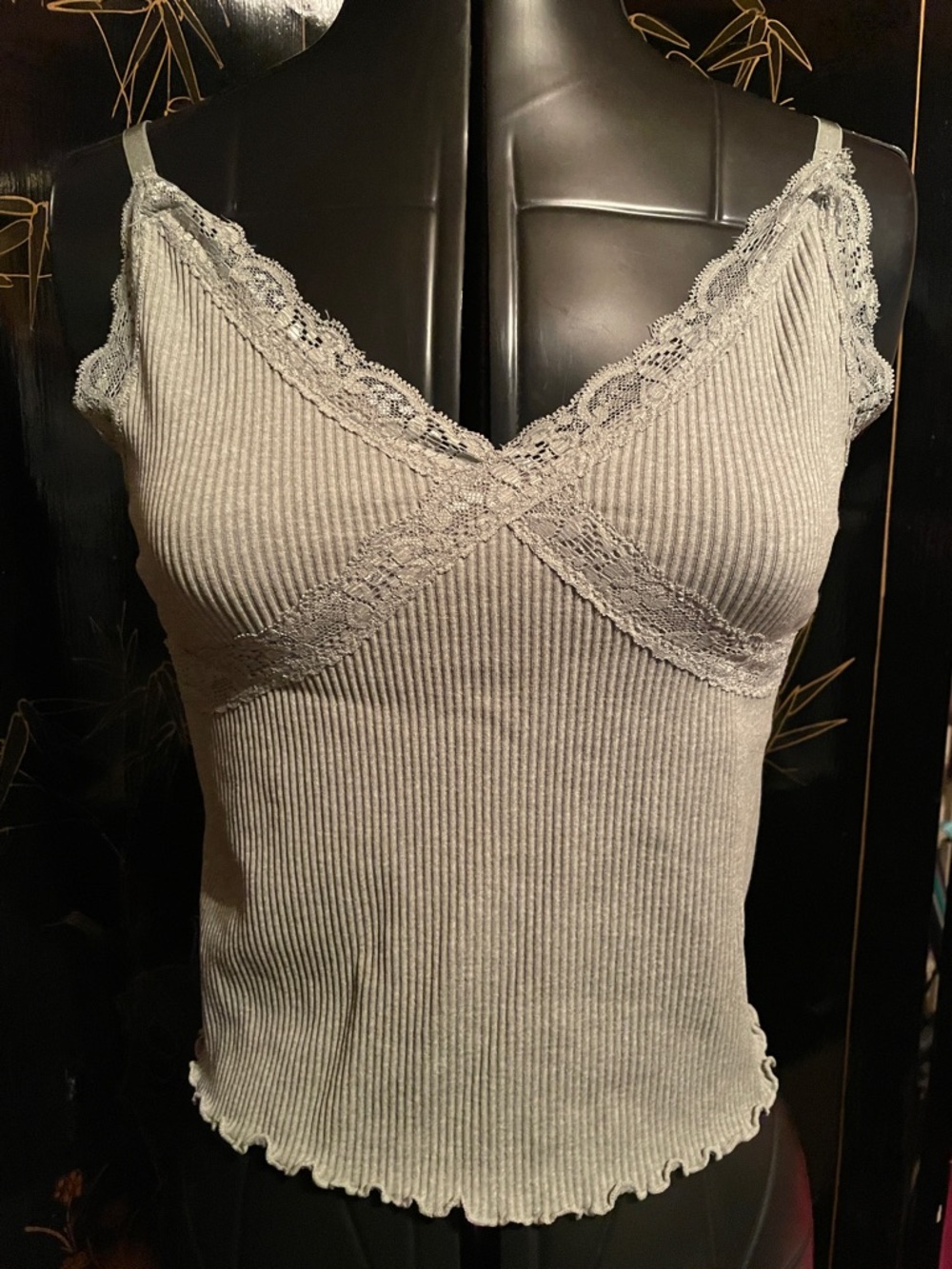 Ribbed Lace-Trim Camisole Tank Top - Light Gray/Blue